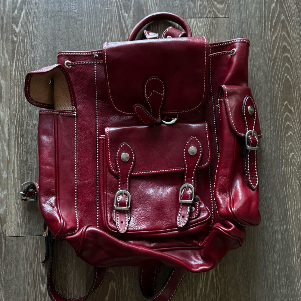 Genuine Leather Deep Red Backpack Multi-pocket - Picture 2 of 13